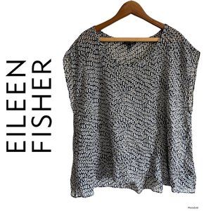 ❌ Eileen Fisher 100% Silk Top XL Tank Sleeveless Blue White Pattern